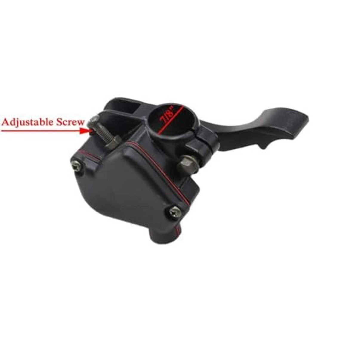 Black thumb throttle lever housing with red mark and visible adjustment screw