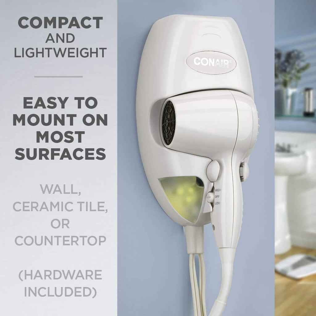 Conair wall-mount hair dryer, white body with air intake grille and cord outlet