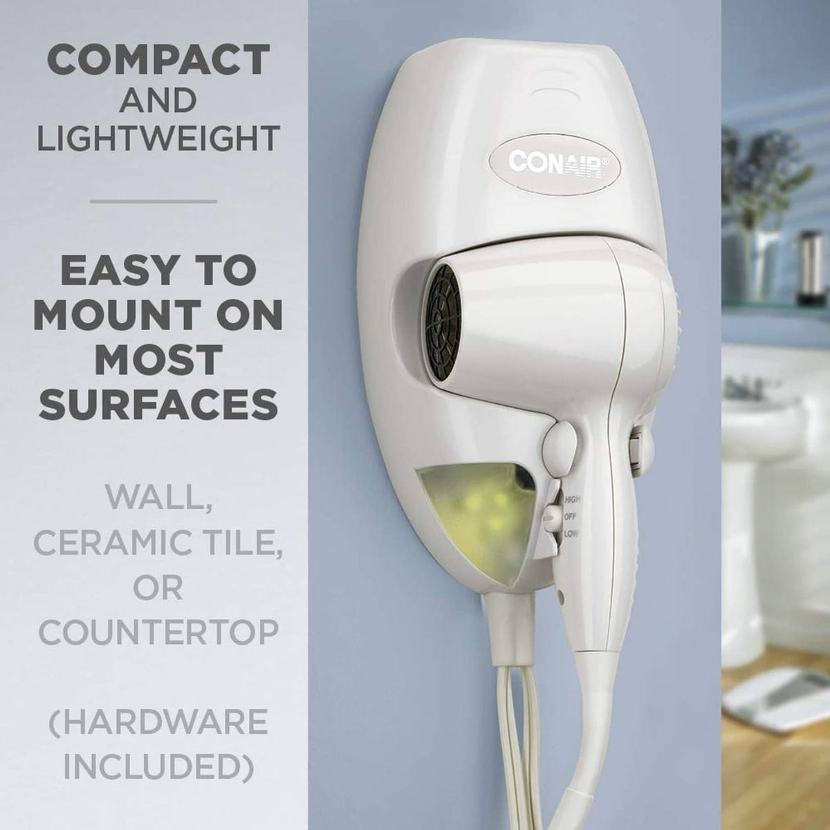 Conair wall-mount hair dryer, white body with air intake grille and cord outlet