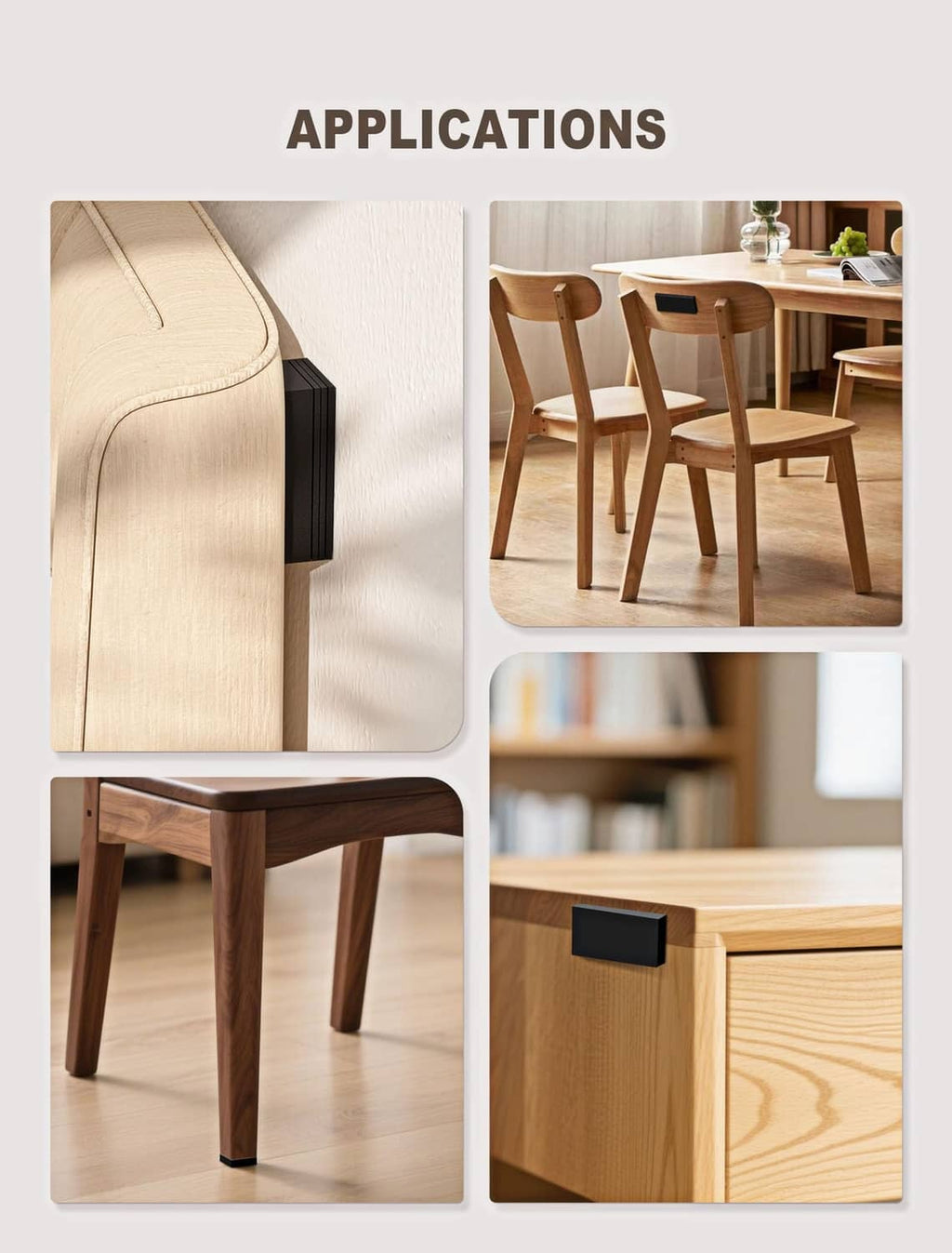 Black wall protector stoppers shown on furniture edges to reduce contact and damage