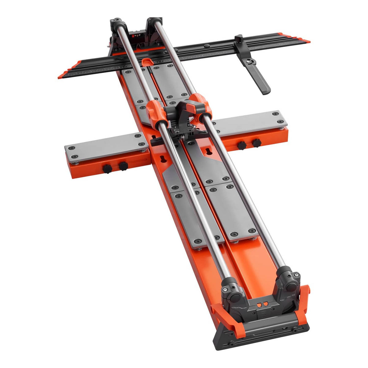 Manual tile cutter angled view with orange frame, two supports, and scoring wheel head