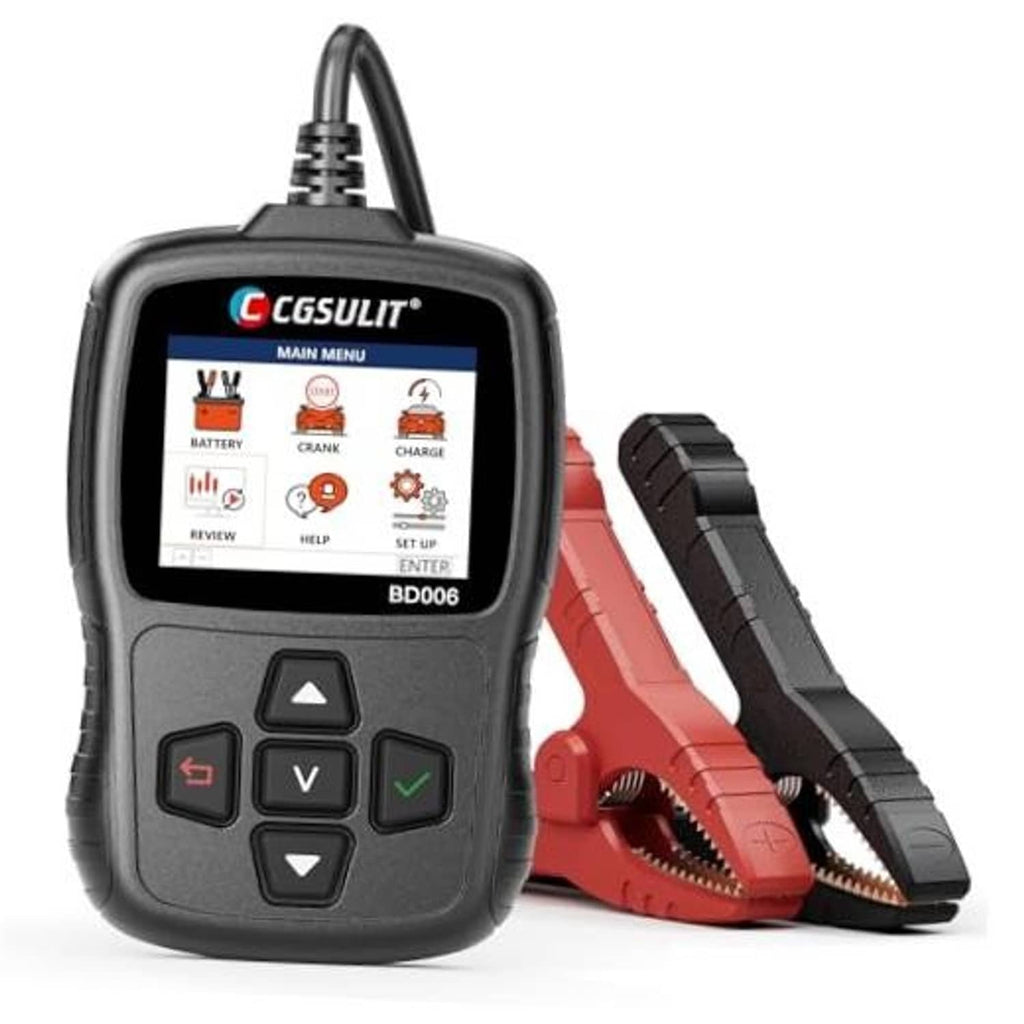 Handheld 12V/24V battery tester with LCD screen and red/black alligator clamp leads