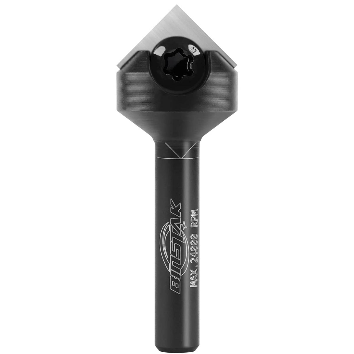 Carbide 90° V-groove router bit with 1/4 in shank and black insert head