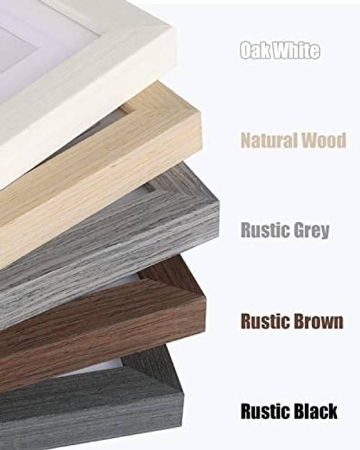 Assorted solid wood frame color options: Oak White, natural wood, rustic grey