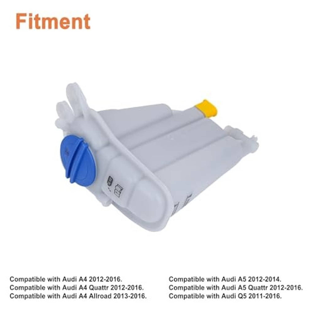 White coolant reservoir tank with blue cap and small yellow-tipped outlet, angled view.