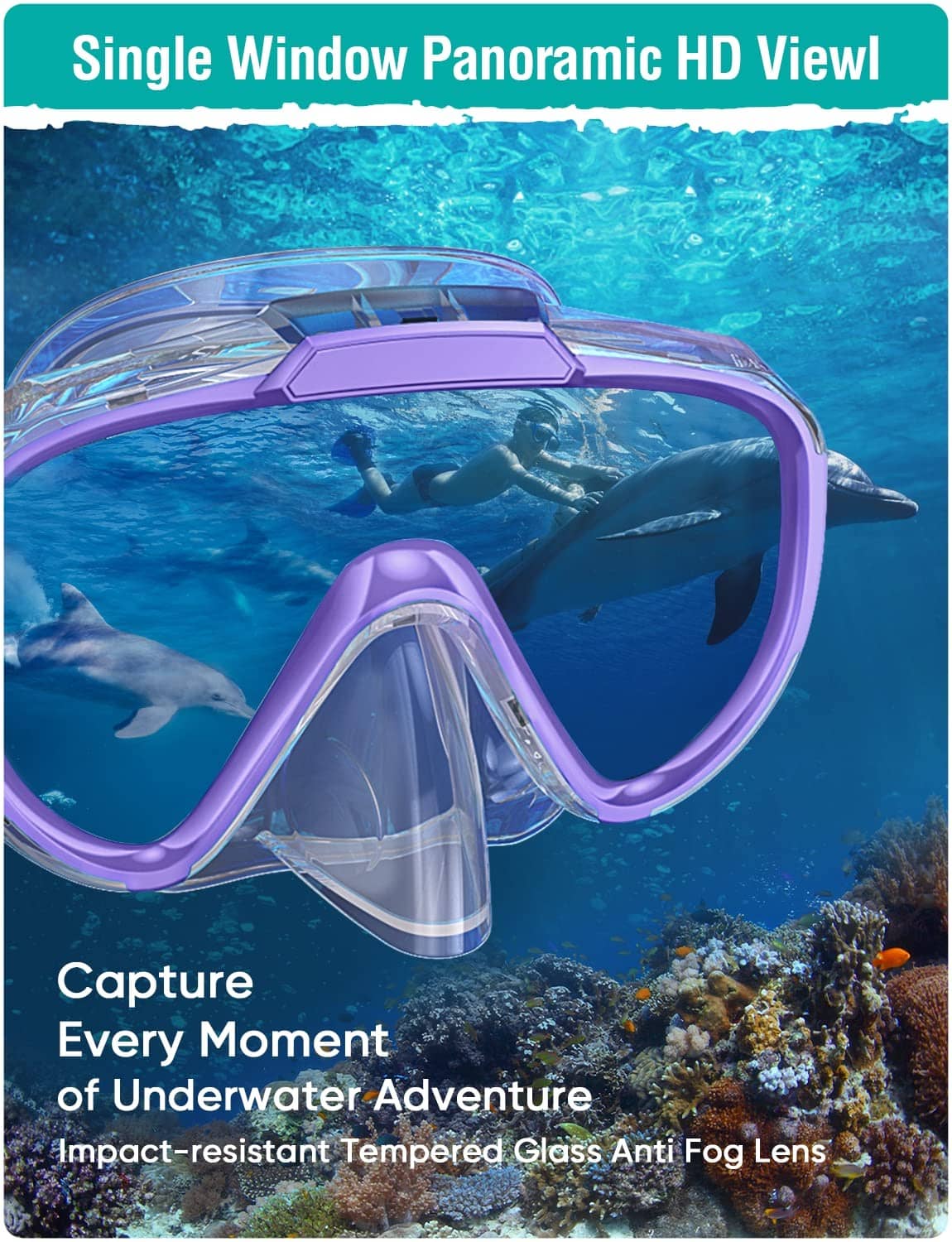 Panoramic snorkeling mask with clear lens and purple border, with snorkel tube