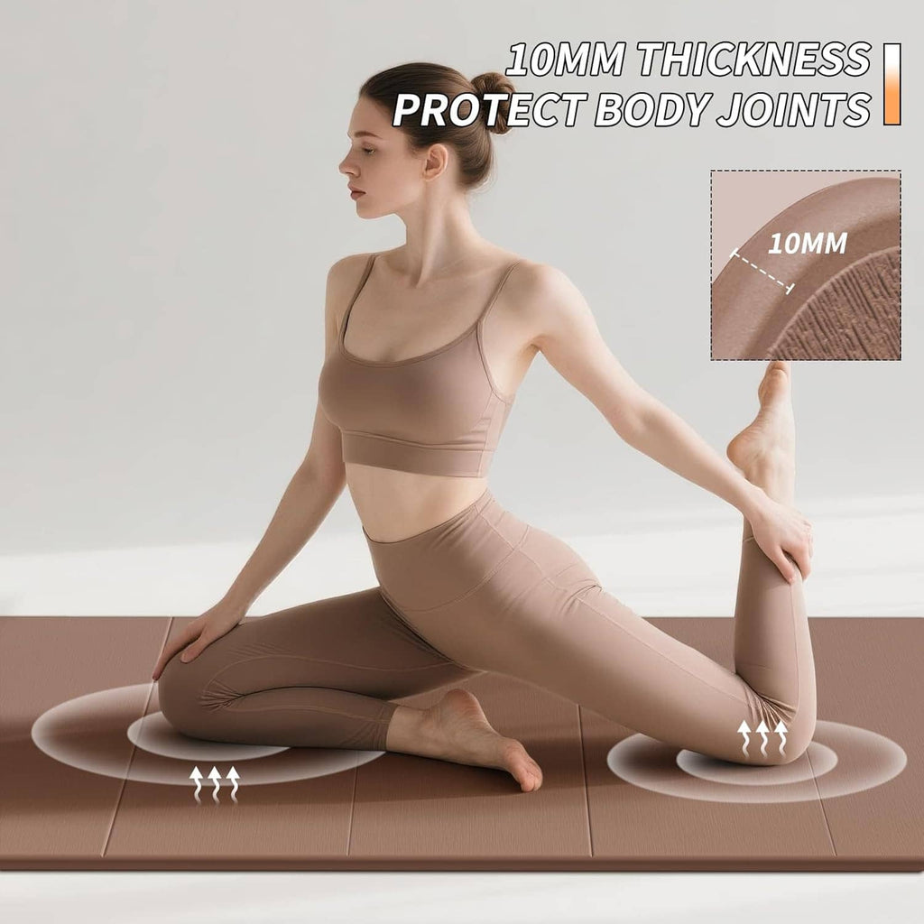 Extra thick yoga mat with dense cushioning for joint support during kneeling poses