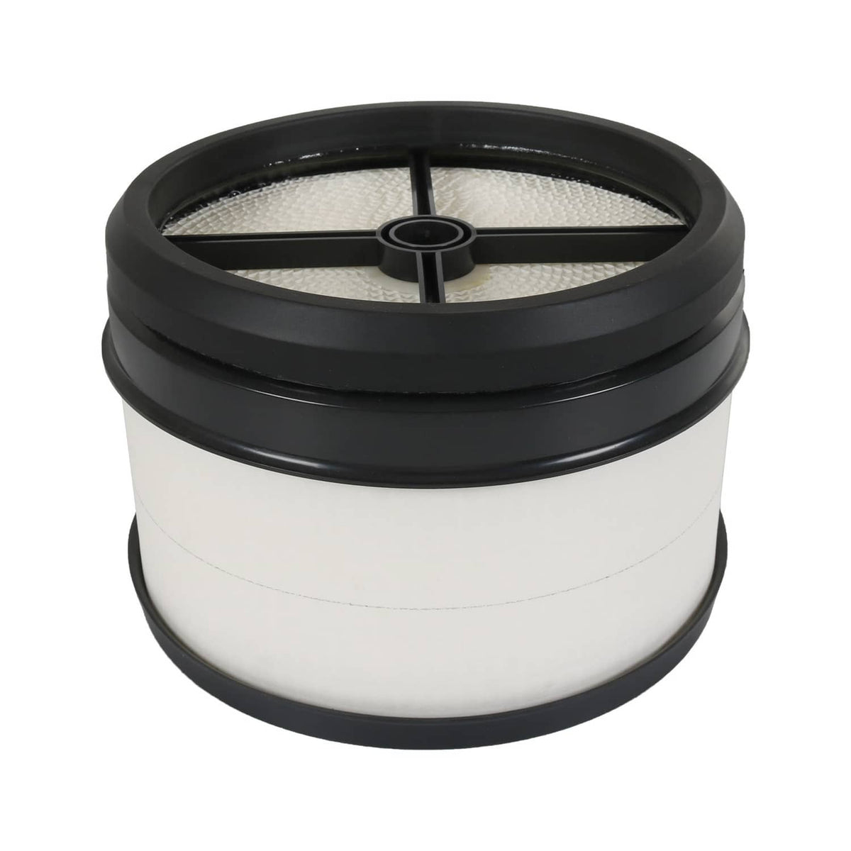 Engine air filter top view with black crossbar and white pleated media
