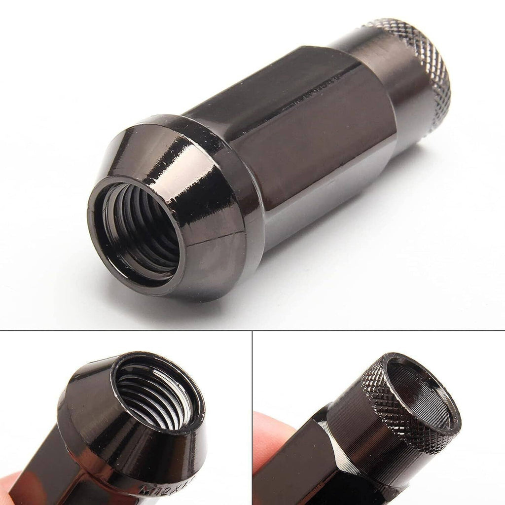 Extended steel wheel lug nut showing open end and inner threads, dark chrome finish