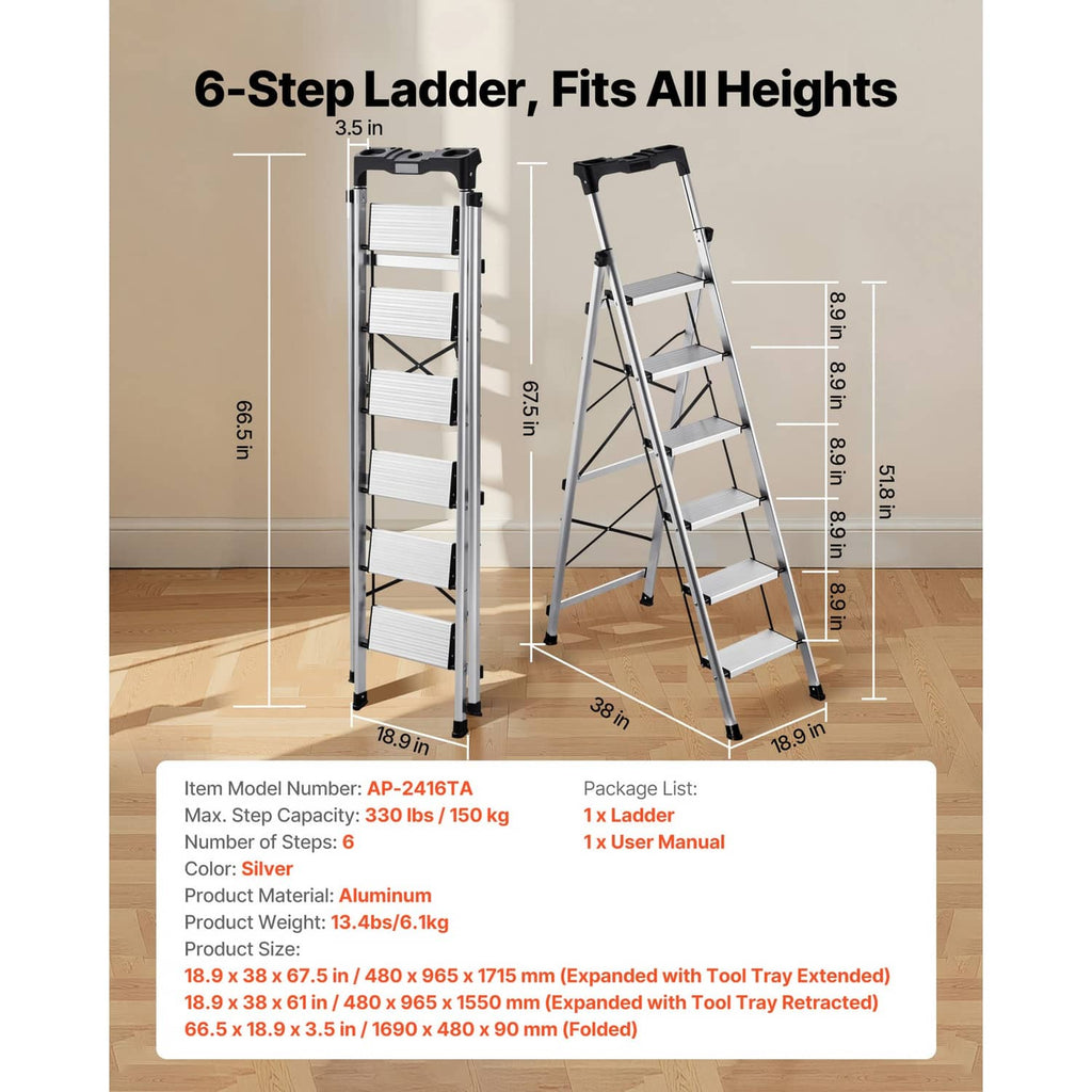 6-step aluminum folding ladder, silver, shown with compact size layout