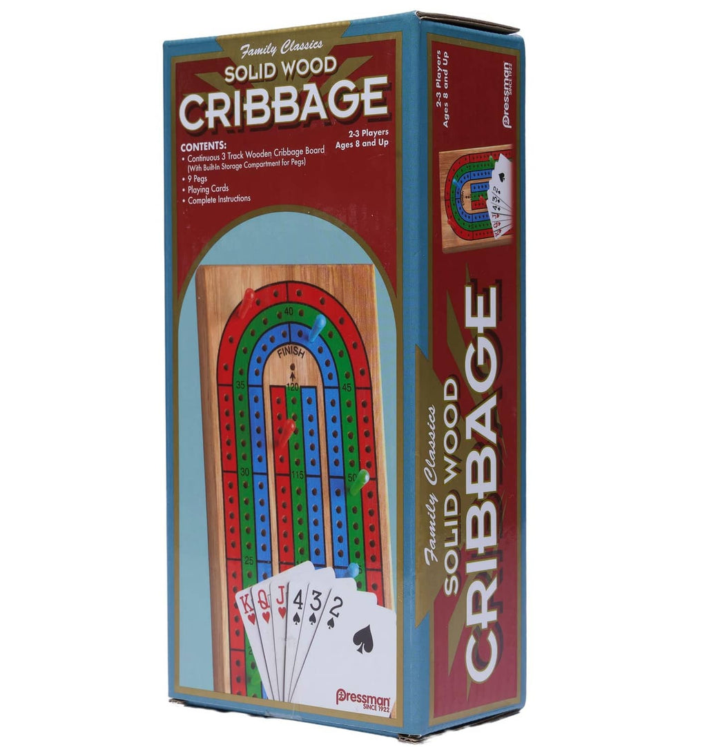 Solid wood cribbage game box showing board illustration and vertical end-panel text