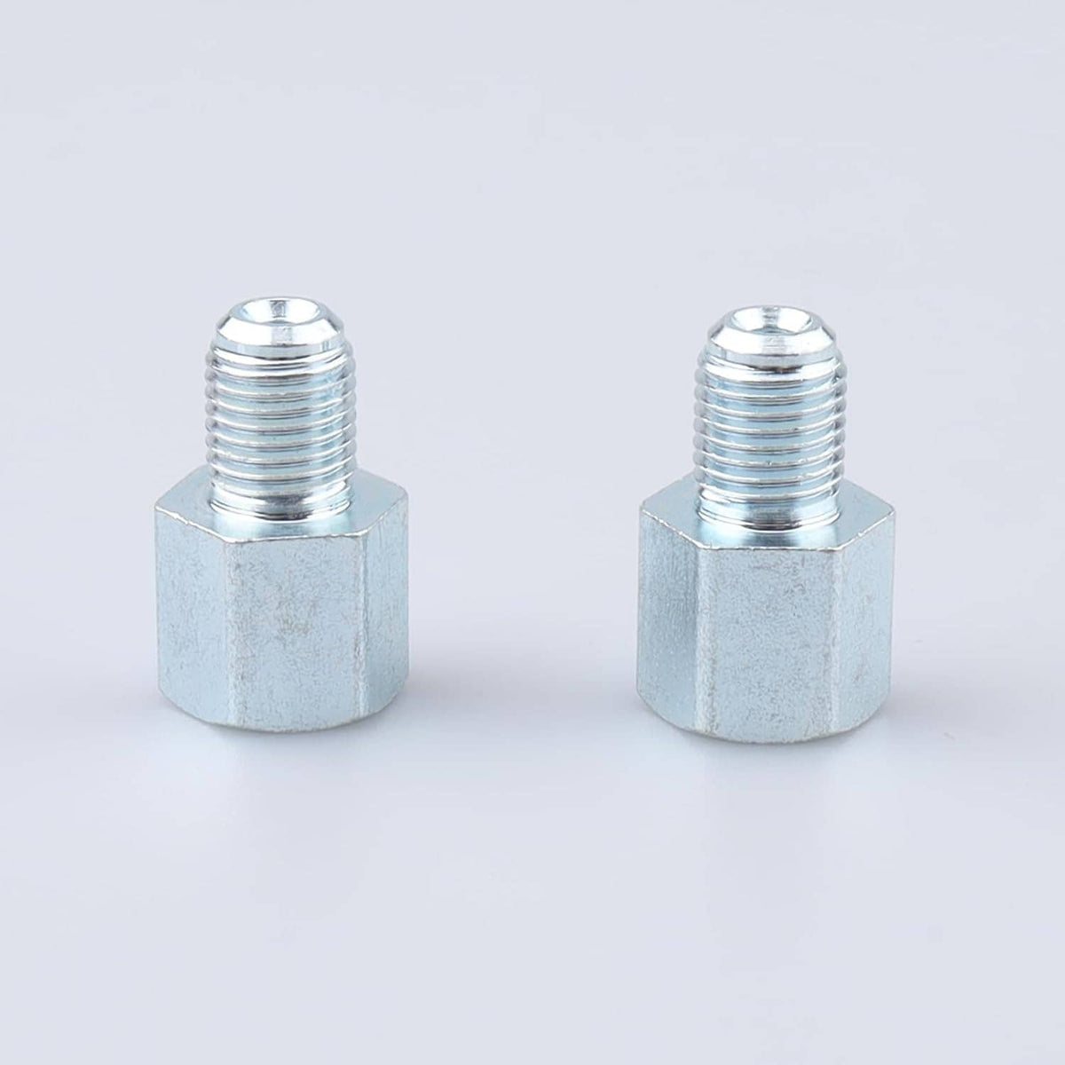 Brake line thread adapter fittings, two silver hex couplers with threaded studs