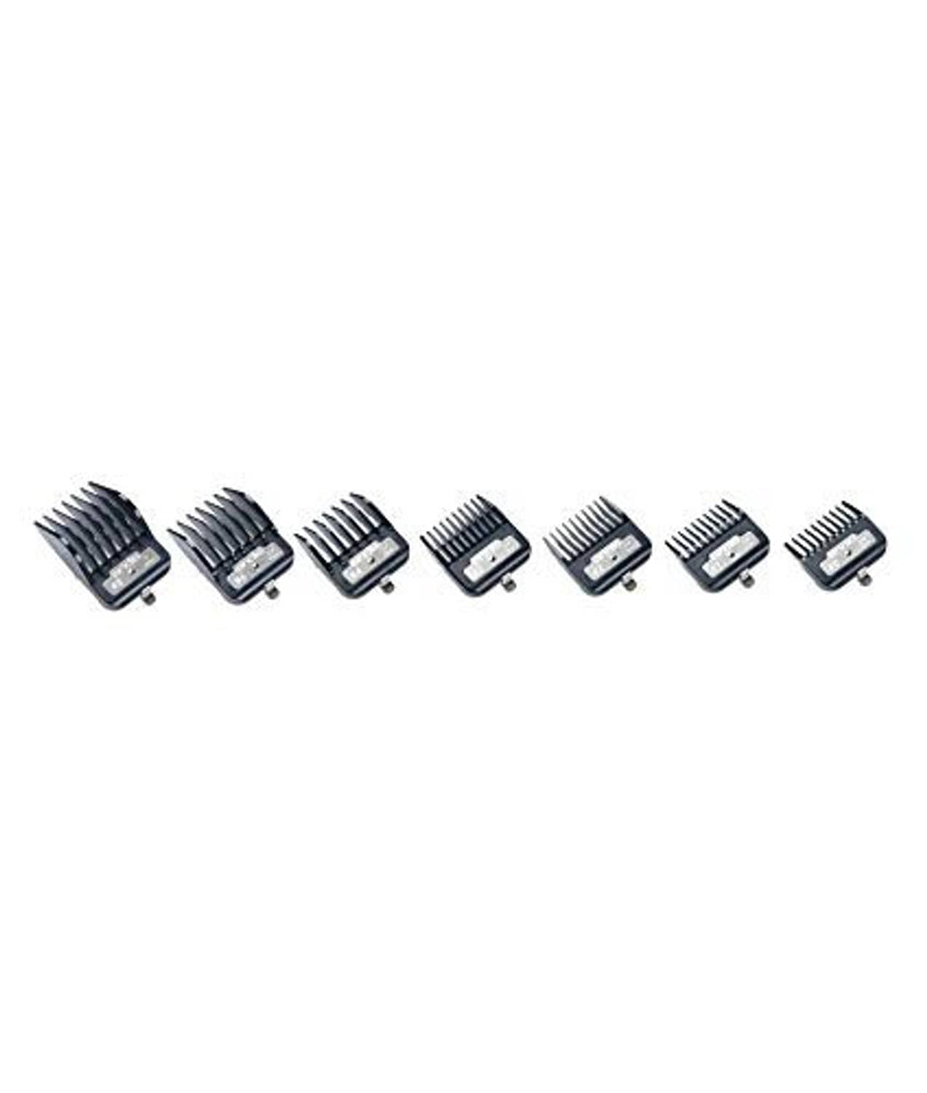 Assorted hair clipper comb guards with dark bases and metal teeth, varied sizes
