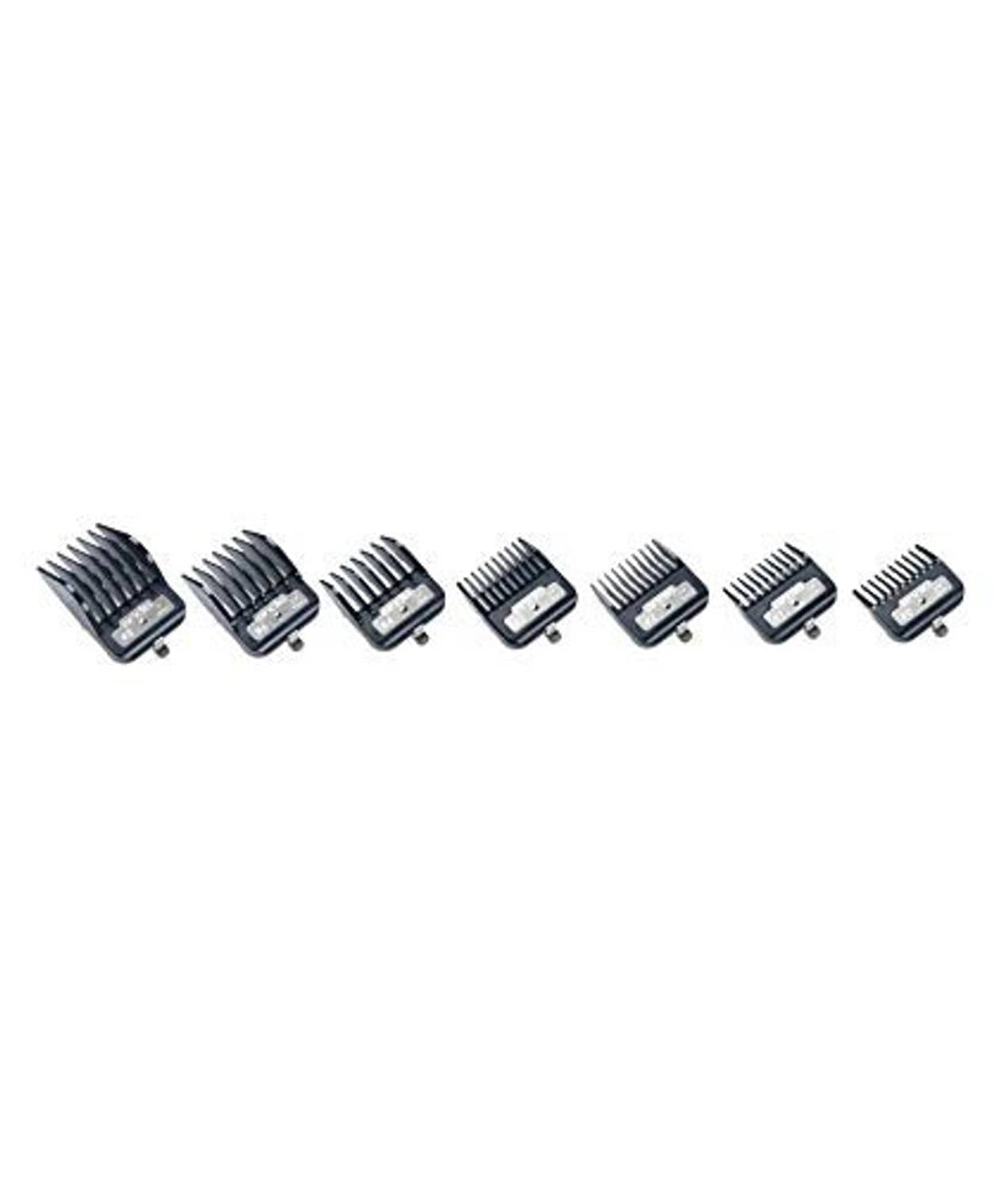 Assorted hair clipper comb guards with dark bases and metal teeth, varied sizes