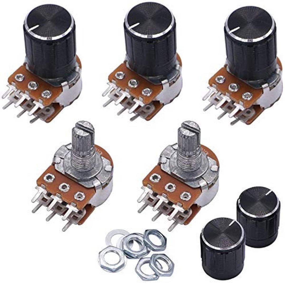Set of split-shaft potentiometers with black knobs, 6-pin PCB terminals, metal shafts