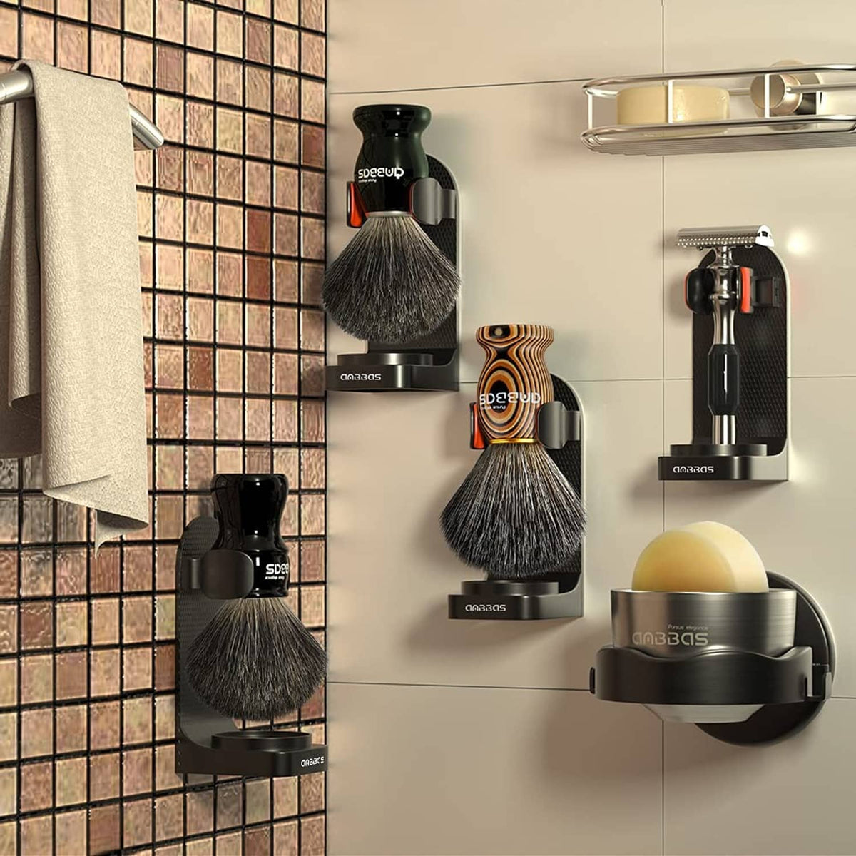 Set of shaving brushes with black handles, silver bristles, and wall-mounted holders