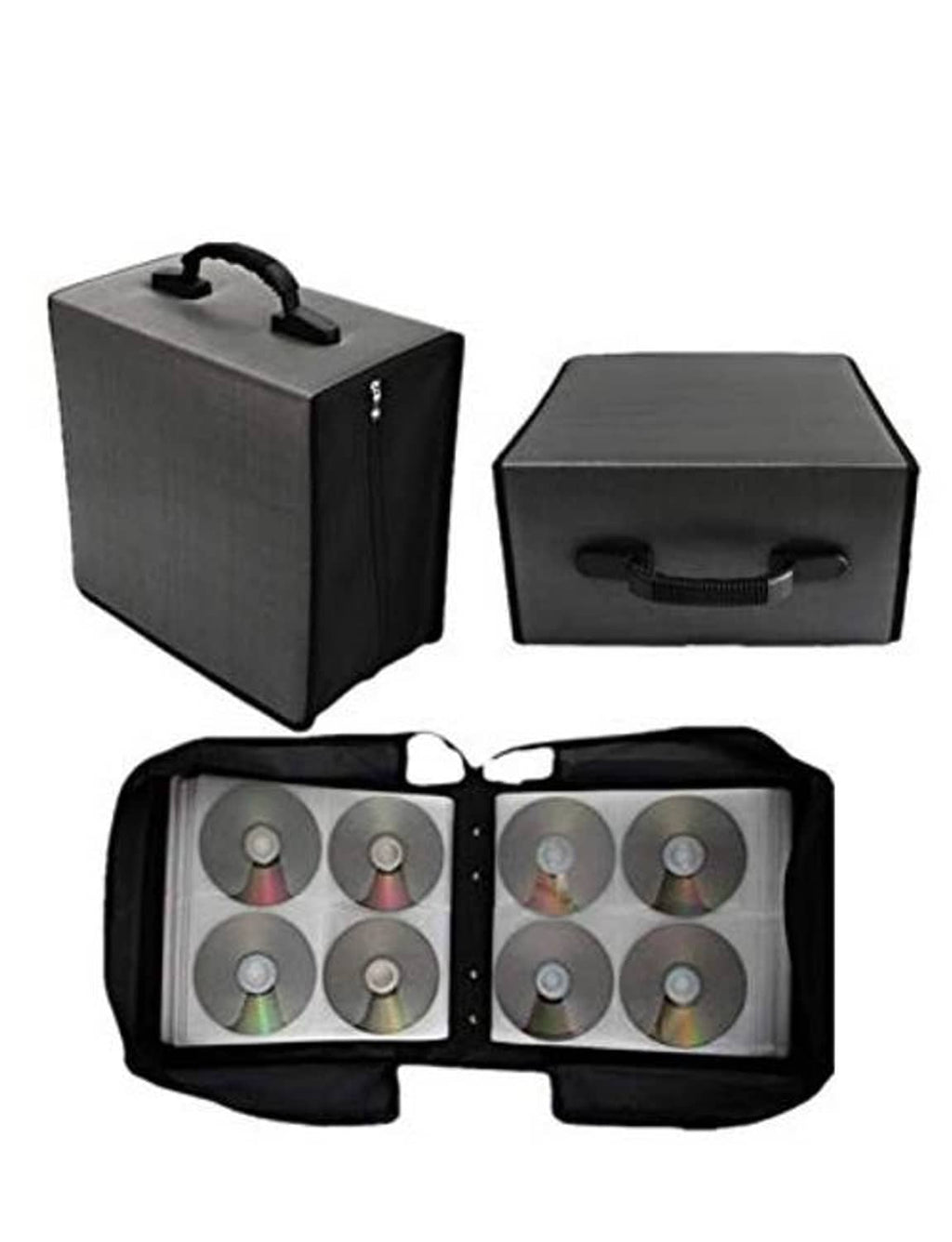 Gray CD/DVD case organizer wallet open with two compartments holding discs
