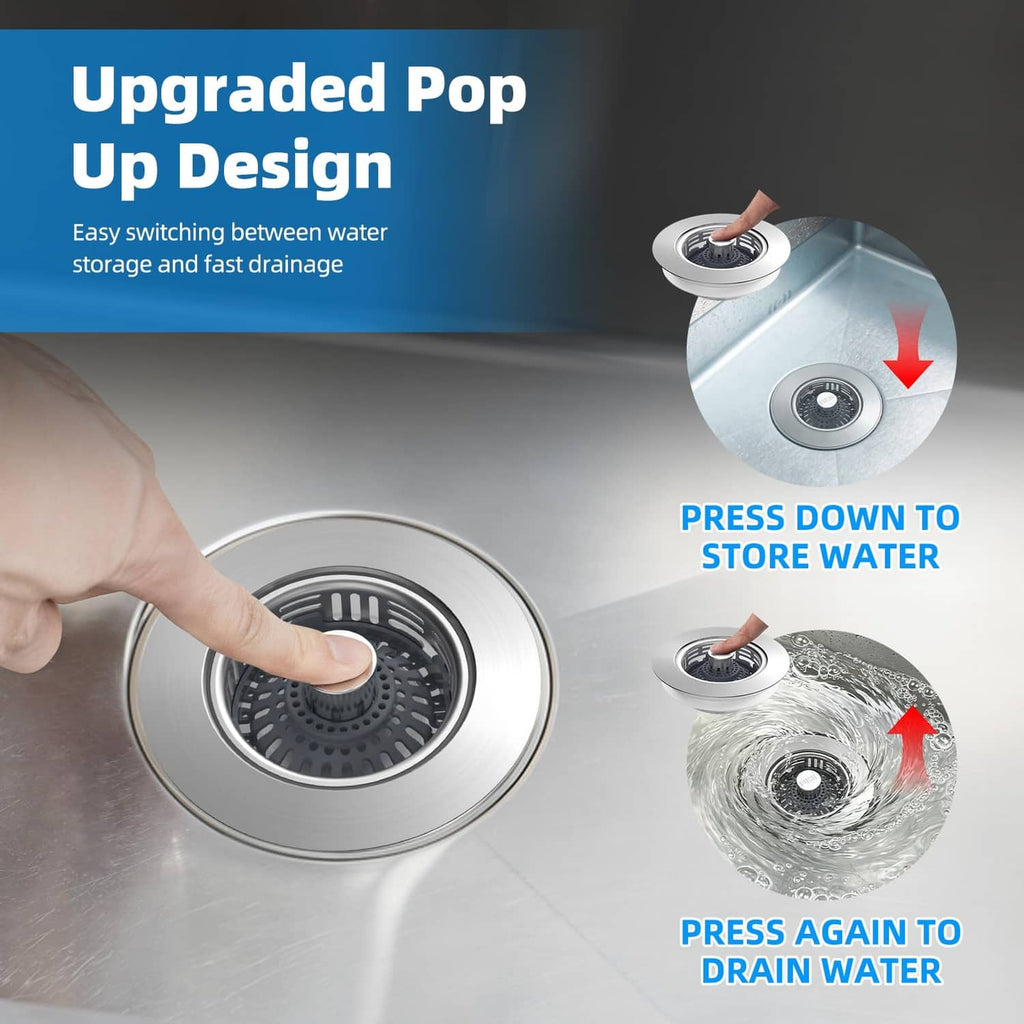 Kitchen sink pop-up stopper top with press-down and press-again drain function