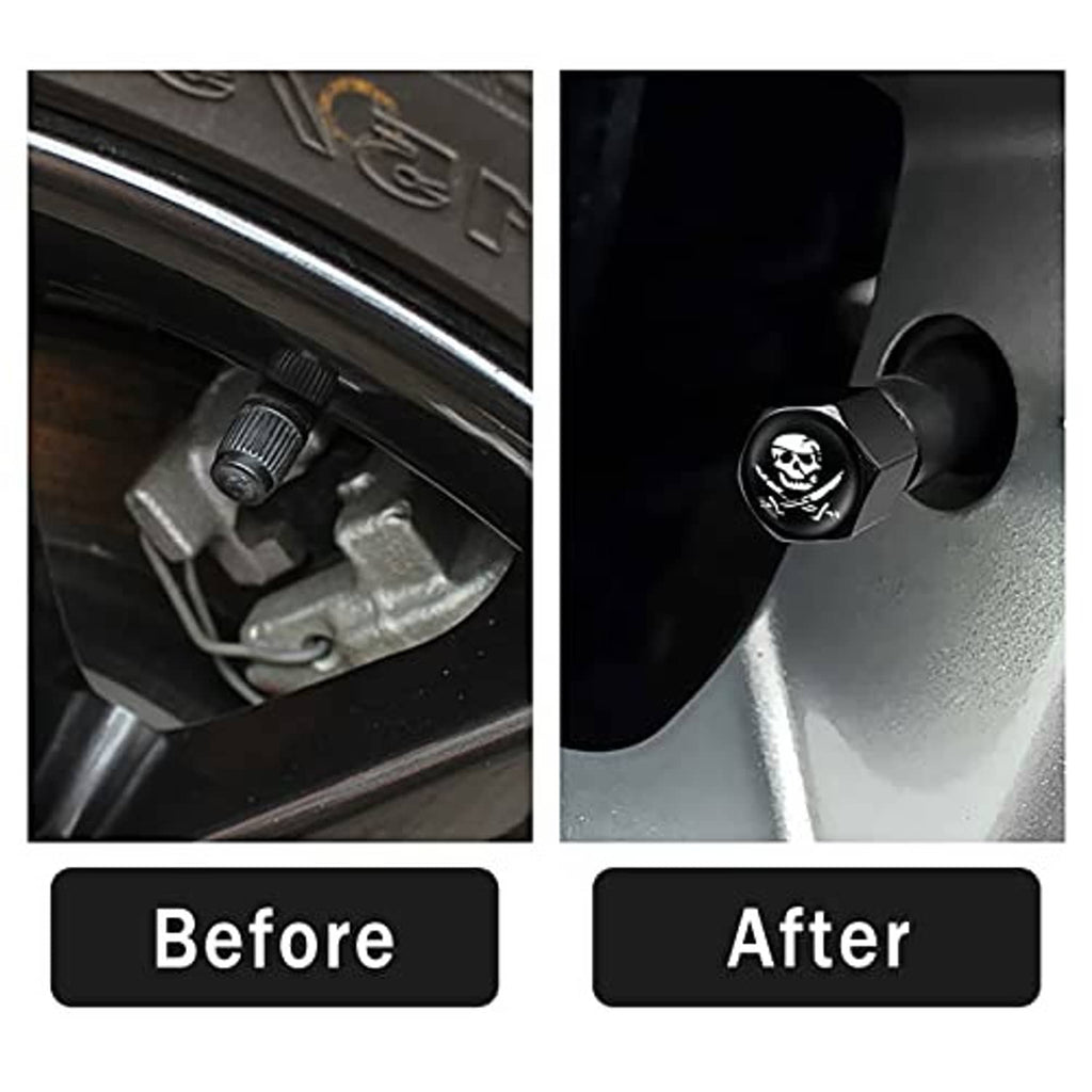 Black pirate skull valve stem cap with rubber seal on tire valve