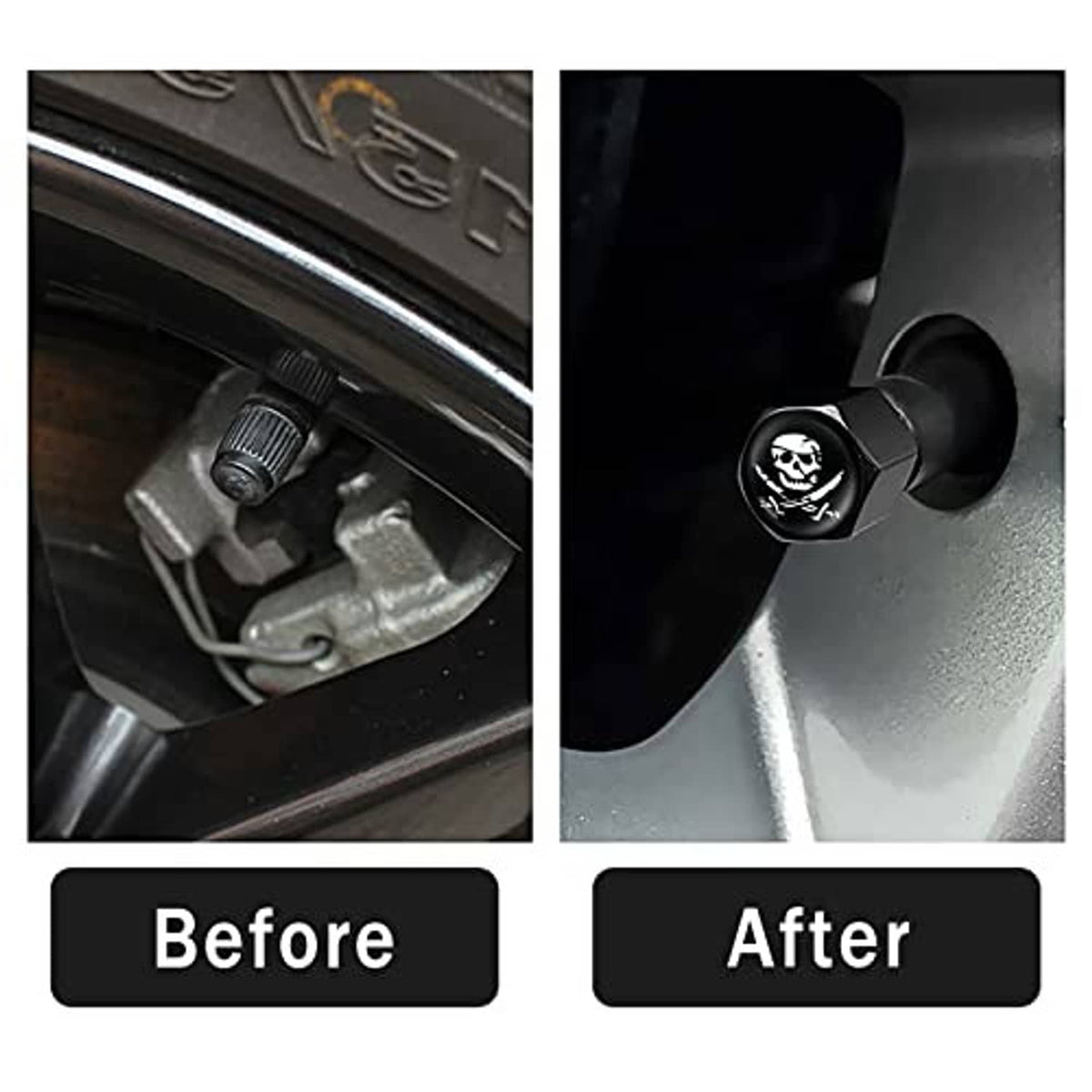 Black pirate skull valve stem cap with rubber seal on tire valve