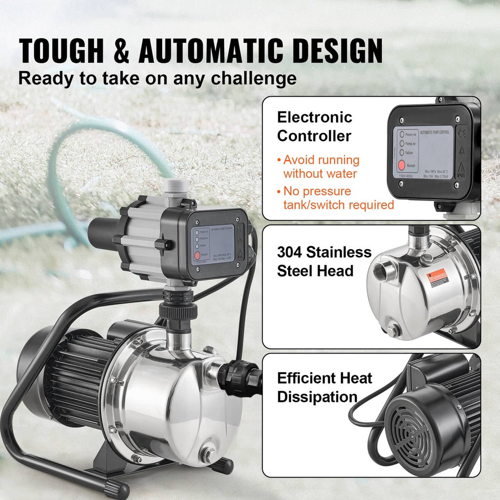 Shallow well jet pump with electronic controller, 304 stainless steel head, and black hoses.