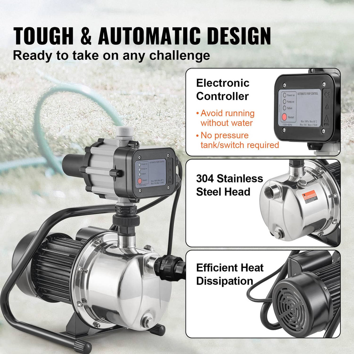 Shallow well jet pump with electronic controller, 304 stainless steel head, and black hoses.