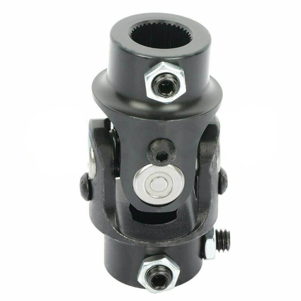 Black steering universal U-joint shaft front view with threaded caps and circular joint