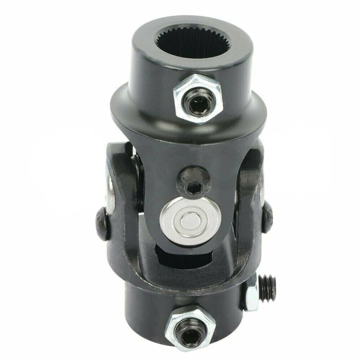 Black steering universal U-joint shaft front view with threaded caps and circular joint