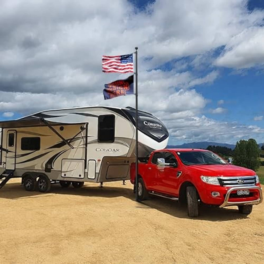 Flagpole tire mount installed on a vehicle with an upright pole stand and flag bracket