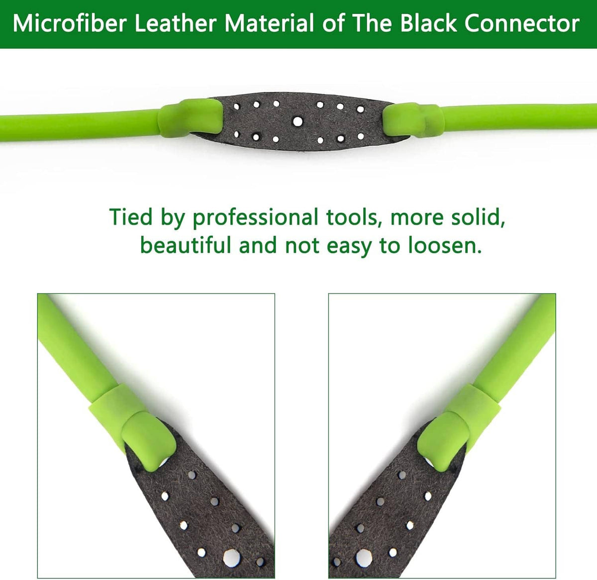Neon green slingshot bands with black microfibre leather connector and perforated center strip