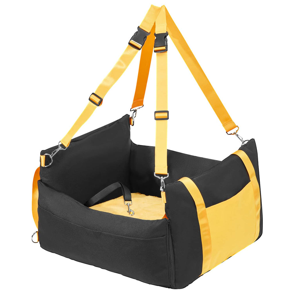 Black dog booster car seat with yellow top carry straps and safety harness-style connectors