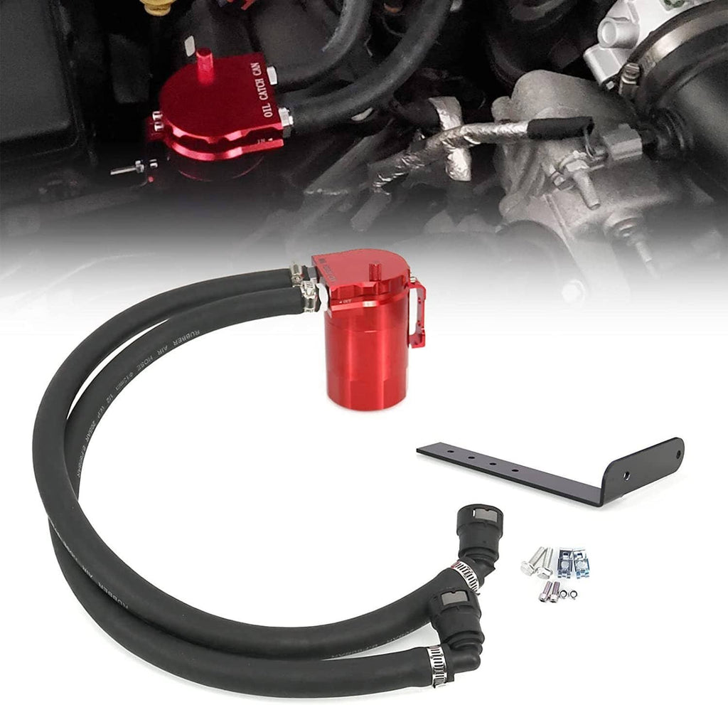 Red oil catch can with black hoses, dipstick unit, and mounting bracket plate