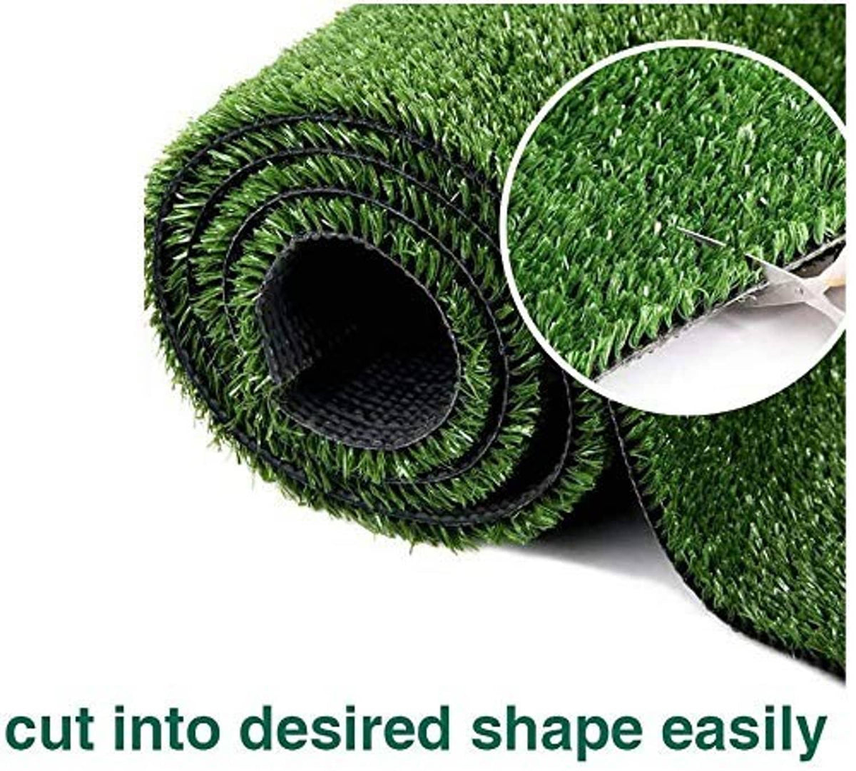 Rolled green artificial grass turf with cut edge, showing dense blade texture