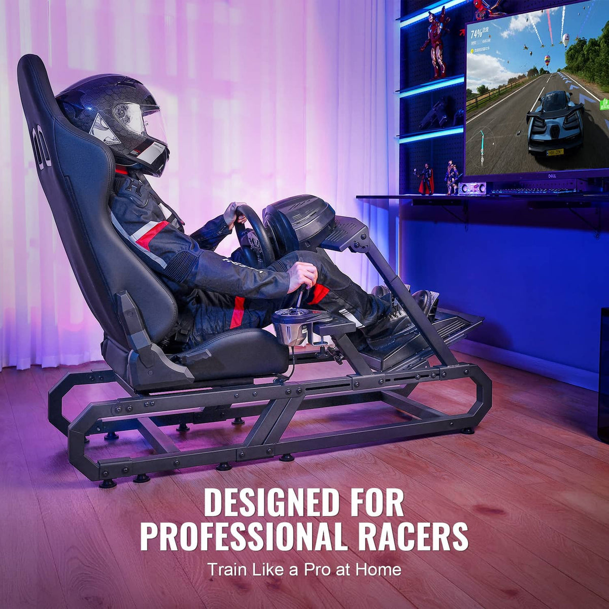 Racing simulator seat and cockpit frame with steering wheel and pedal area, wide view.