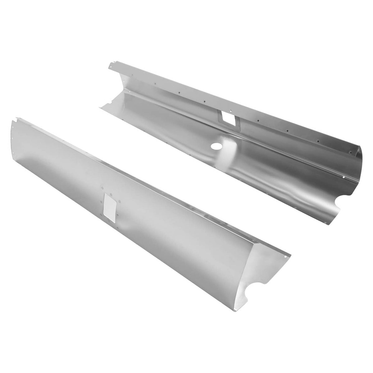 Silvery aluminum landing gear fairing panels shown from underside with fastener holes