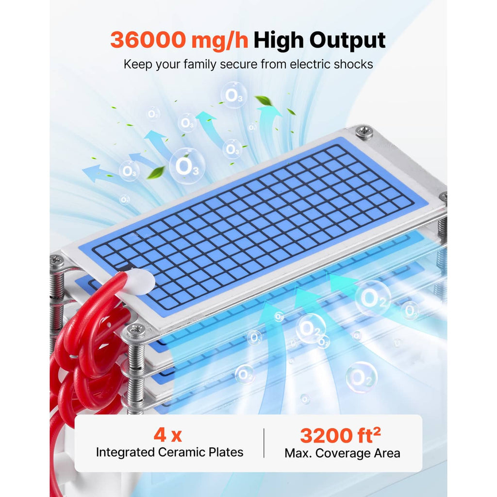 Ozone generator unit showing internal ceramic plate panel and blue output lights