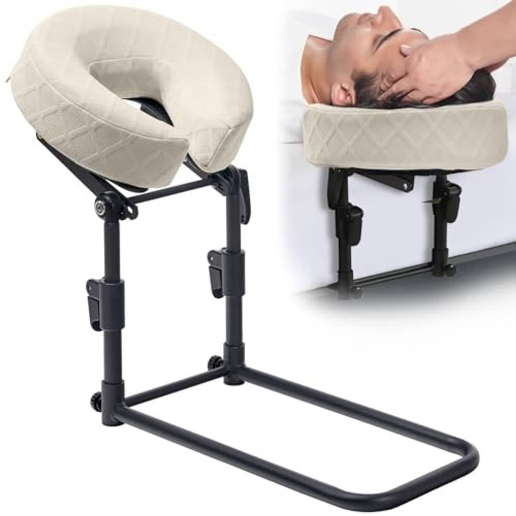 Adjustable bed massage headrest with padded light beige cradle pillow on black frame