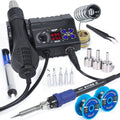 Hot air rework and soldering iron station kit with control unit, hot air gun, tips, and wire