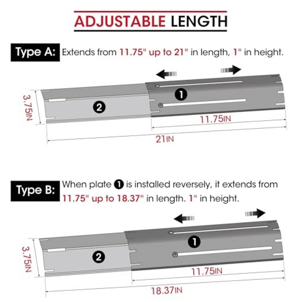 Adjustable-length black grill heat plate shield panels with two mounting options