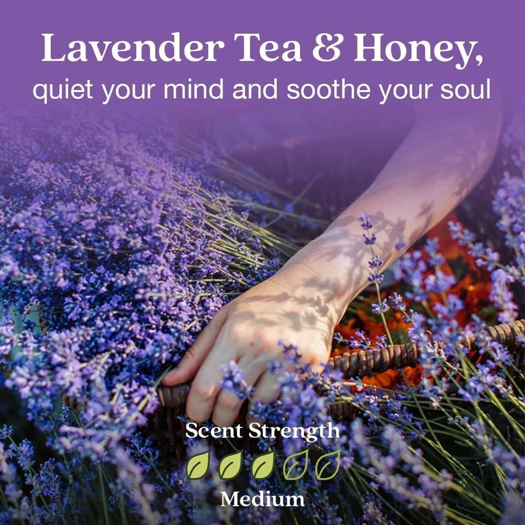 Lavender tea & honey air freshener scent strength medium graphic with purple flowers