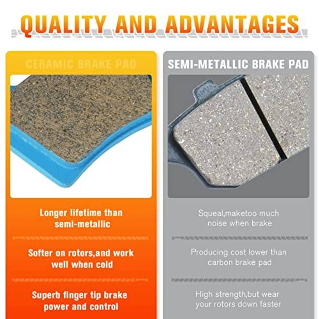 Ceramic brake pad with blue backing shown in a product comparison panel