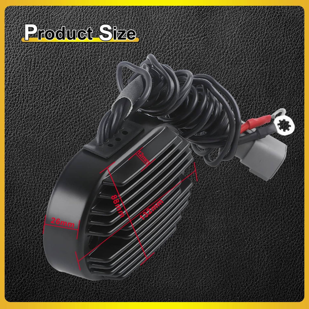 Black voltage regulator rectifier with red battery lead and gray electrical connector