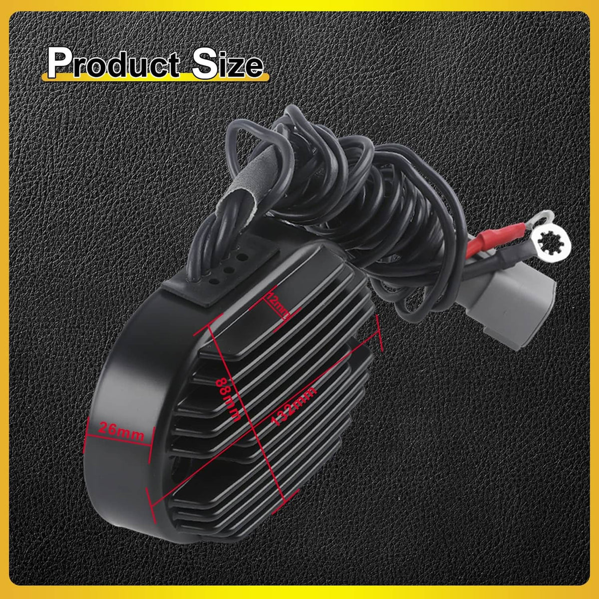 Black voltage regulator rectifier with red battery lead and gray electrical connector