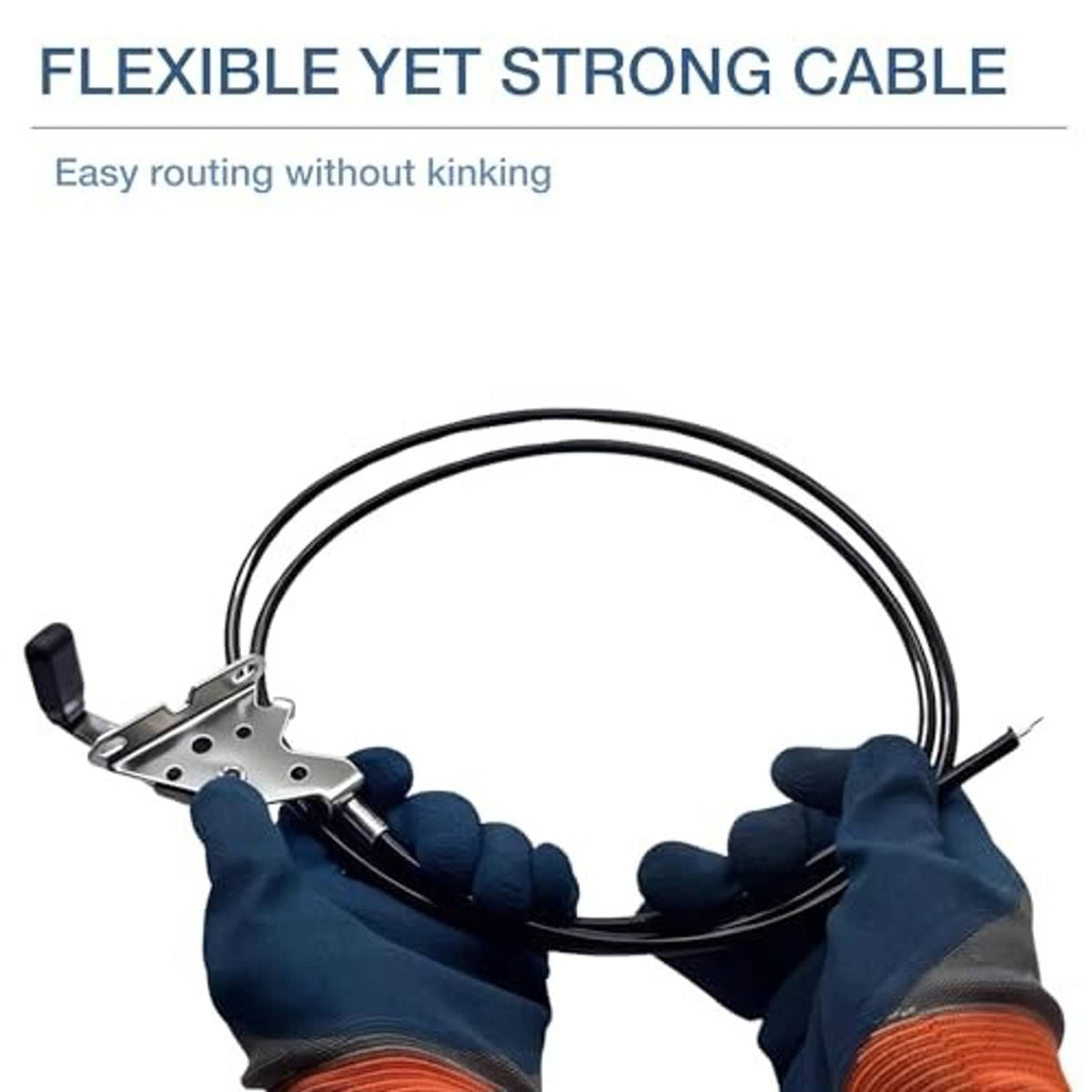 Throttle control cable with metal bracket, handled with blue gloves