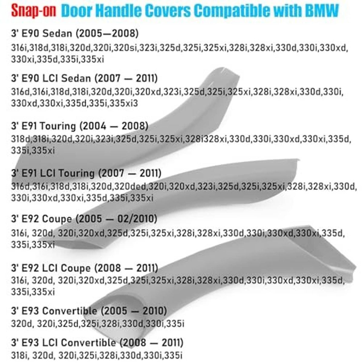 Door handle cover compatibility list for BMW 3 Series E90/E91 models (text graphic).