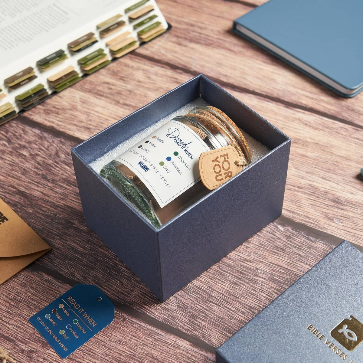 Bible verse jar gift set in navy box with emotion cards and attached kraft tag.