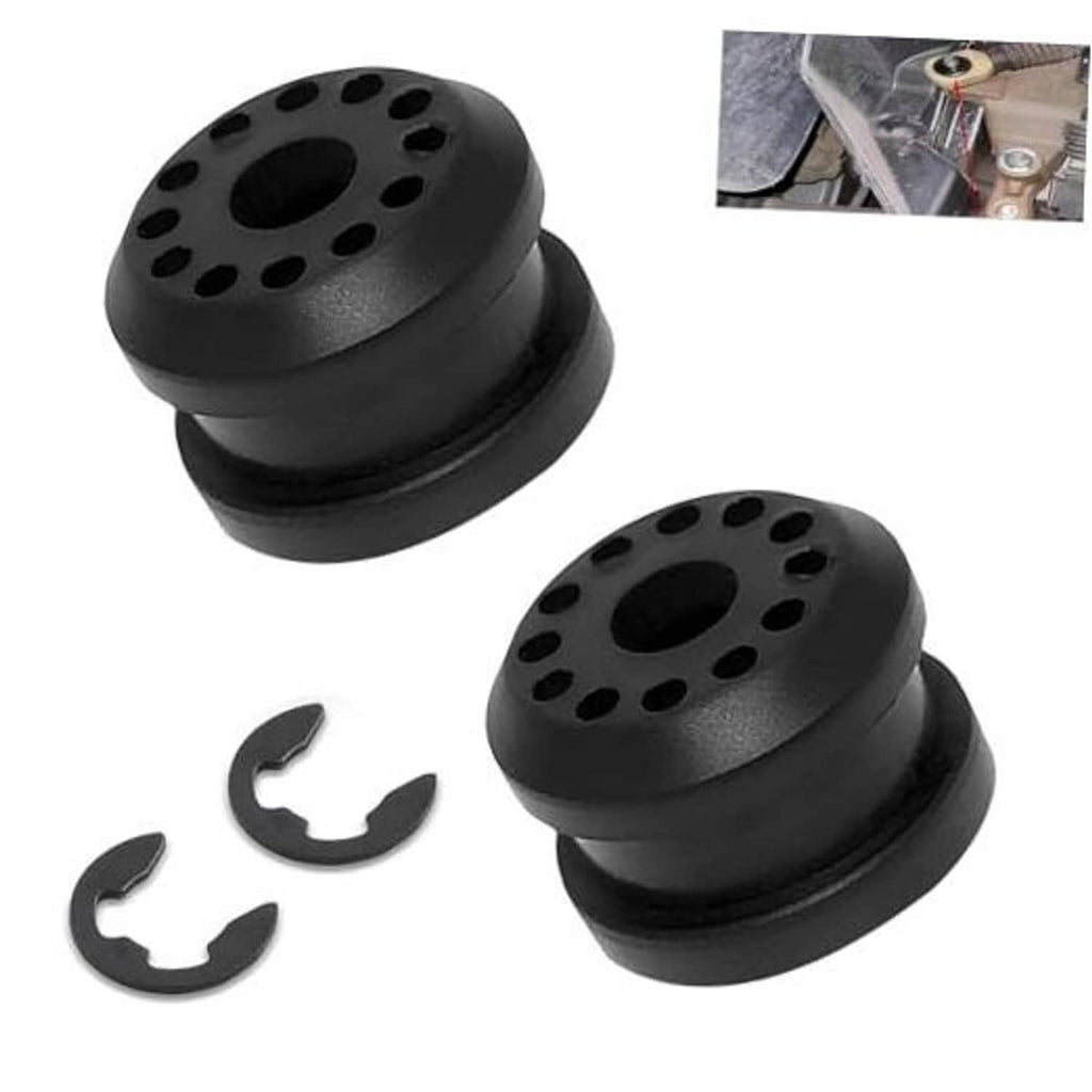 Black shifter linkage bushing pair with matching metal C clips for installation