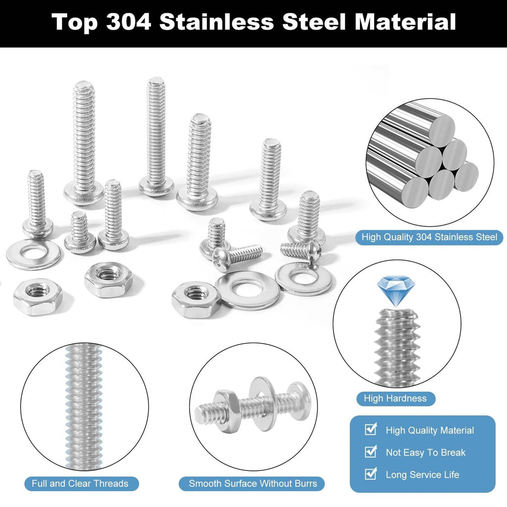 304 stainless steel machine screws, nuts and washers set, clear display, silver