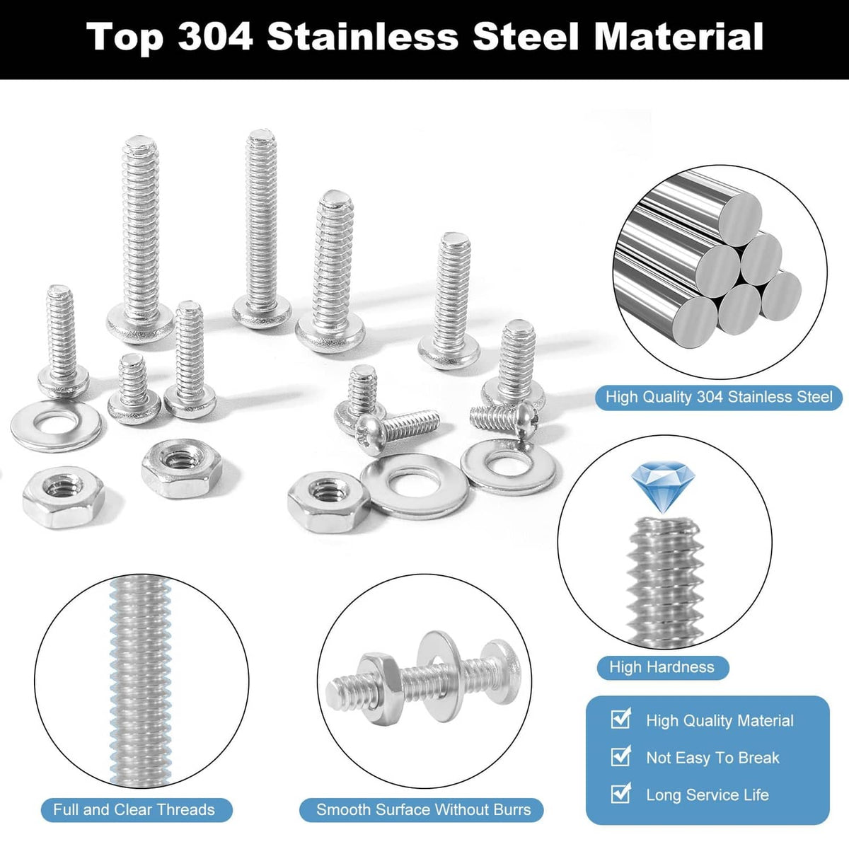 304 stainless steel machine screws, nuts and washers set, clear display, silver