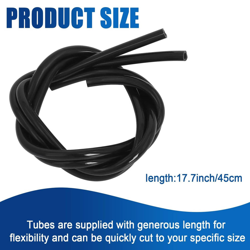 Black fuel tank vent line tubes with white end fittings, two flexible lengths